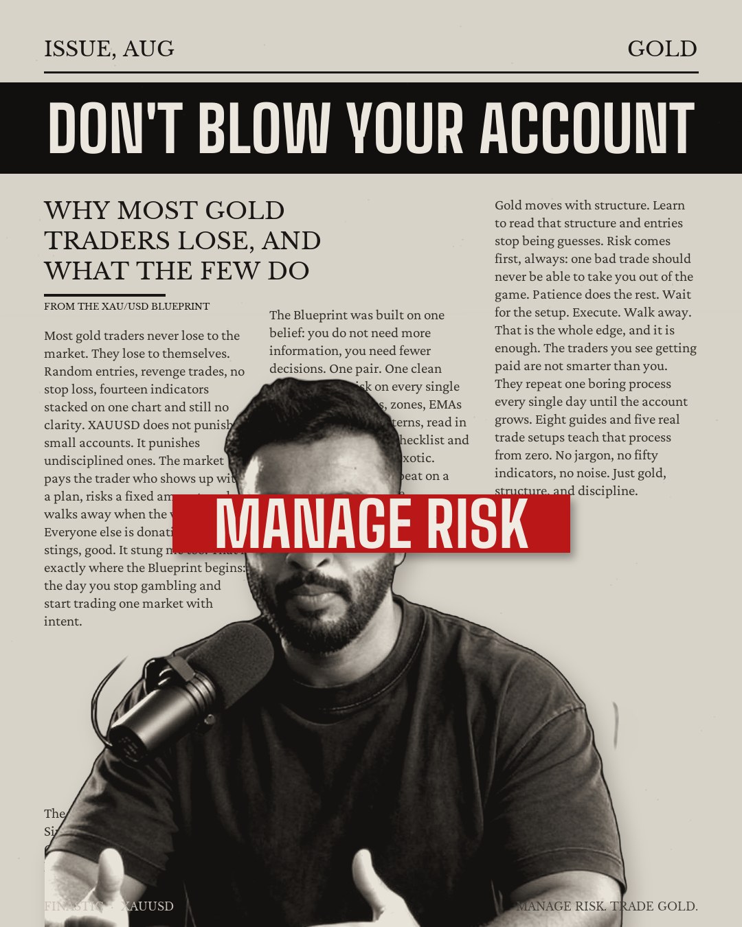 Finastic manifesto poster: don't blow your account, manage risk, trade gold
