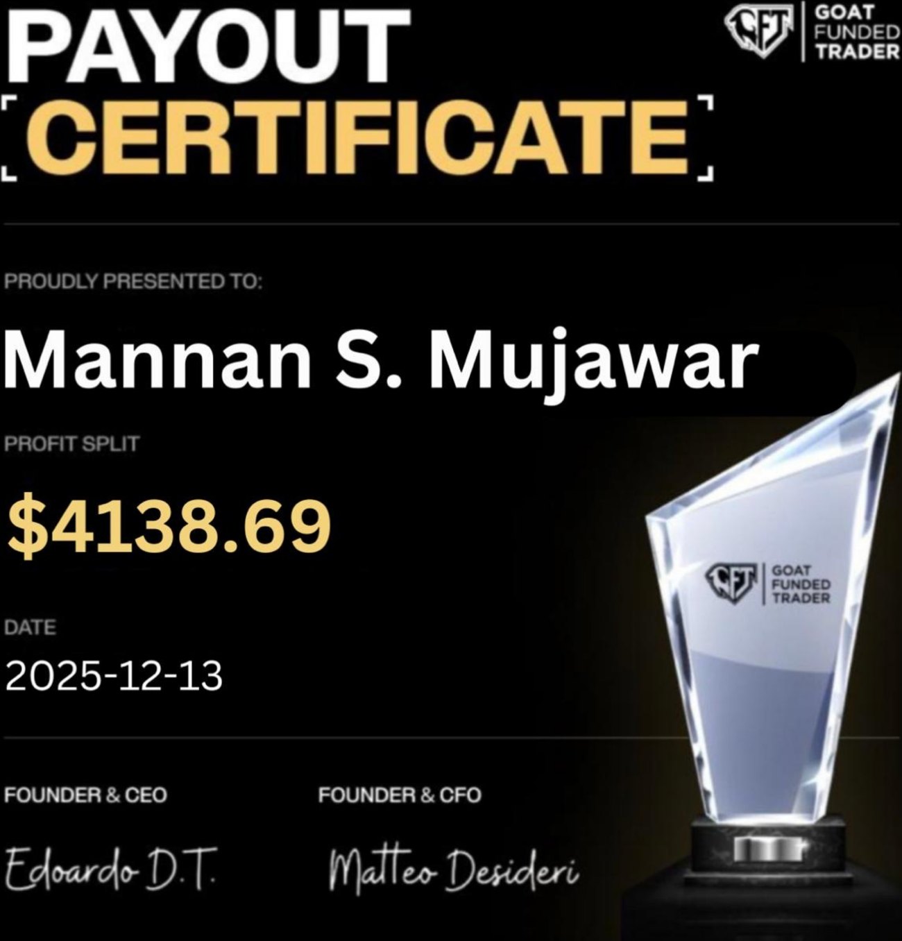 Goat Funded Trader payout — $4,138 — Mannan Mujawar