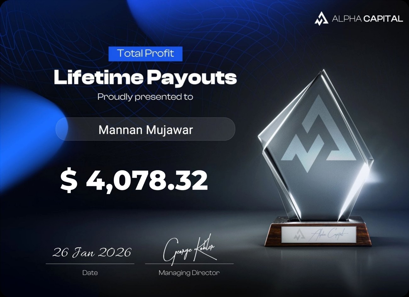 Alpha Capital lifetime payouts — $4,078 — Mannan Mujawar